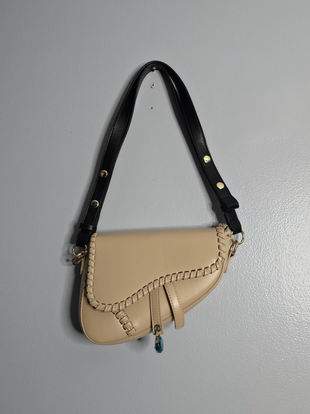 NWOT Beige Saddle Shoulder Bag with Black Strap